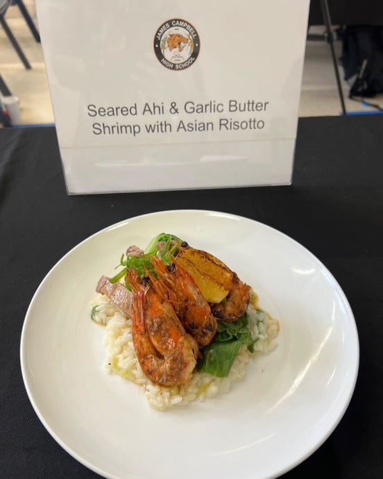 Seared Ahi and Garlic Butter Shrimp with Asian Risotto