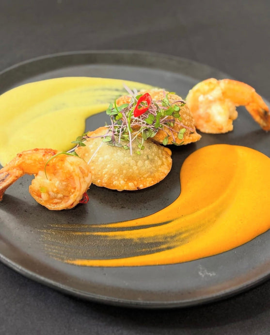 Kra Pao Beef Dumplings, Thai Crispy Kaua’i Shrimp with Thai Red Curry Eggplant Puree and Thai Green Curry Bush Bean Puree
