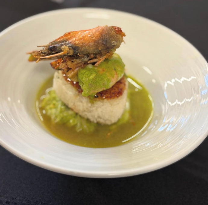 Thai inspired Ochazuke - Beef larb yaki onigiri, sauteed slaw in a coconut cream watercress puree, herb marinated Kauai shrimp