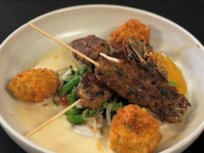 Thai Basil Beef & Shrimp Kofta w/ Caramelized Onion & Coconut Beurre Blanc, Roasted Eggplant Croquette, and Green Bean Salad
